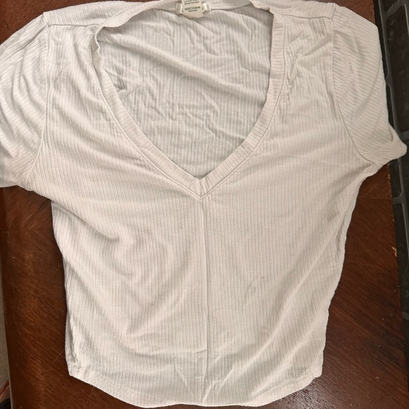 Bozzolo Tops - Bozzolo Cream Ribbed V-Neck Top